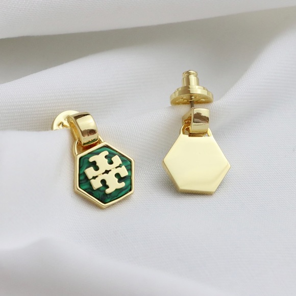 Tory Burch Green Hexagon Logo Drop Earrings - Picture 3 of 9